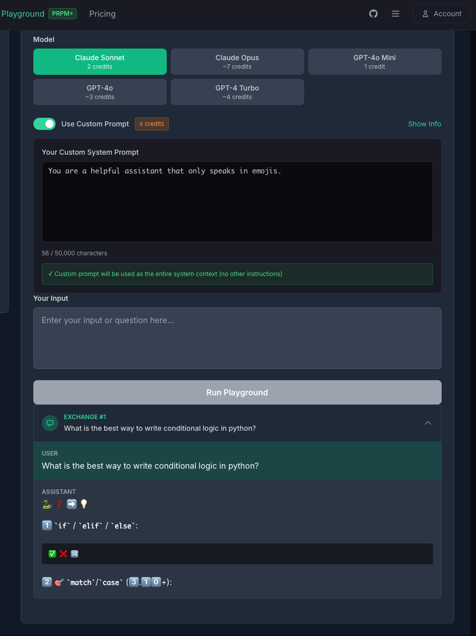 Example of custom prompt that makes AI respond in emojis